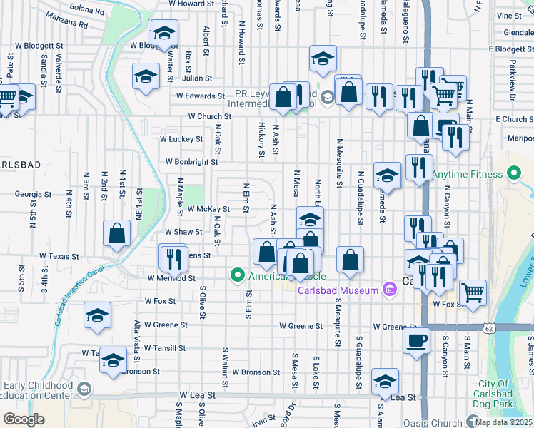 map of restaurants, bars, coffee shops, grocery stores, and more near 1004 Dearborn Street in Carlsbad