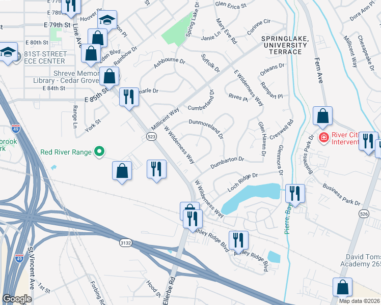map of restaurants, bars, coffee shops, grocery stores, and more near 8613 West Wilderness Way in Shreveport