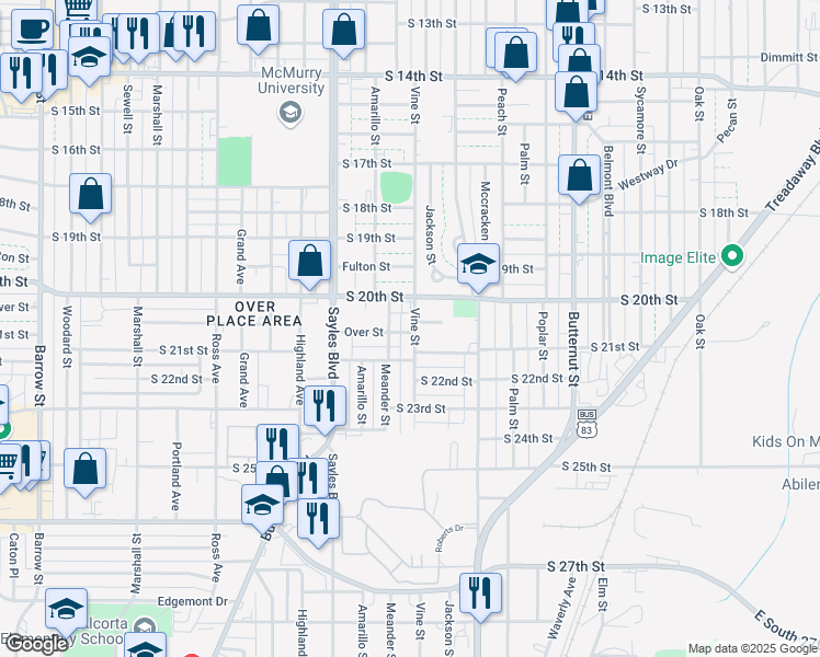 map of restaurants, bars, coffee shops, grocery stores, and more near 2050 Vine Street in Abilene