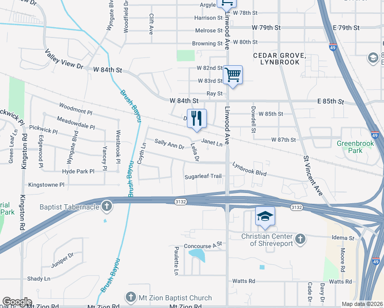 map of restaurants, bars, coffee shops, grocery stores, and more near 505 Sally Ann Drive in Shreveport