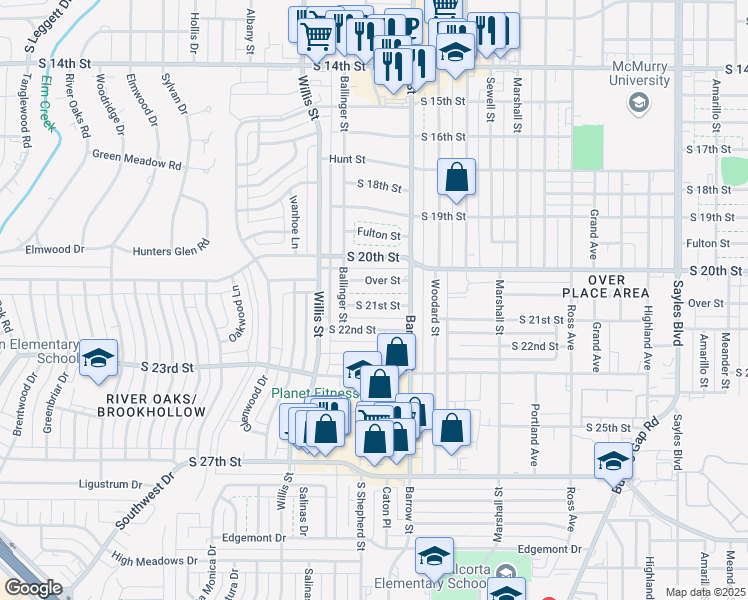 map of restaurants, bars, coffee shops, grocery stores, and more near 3150 South 21st Street in Abilene