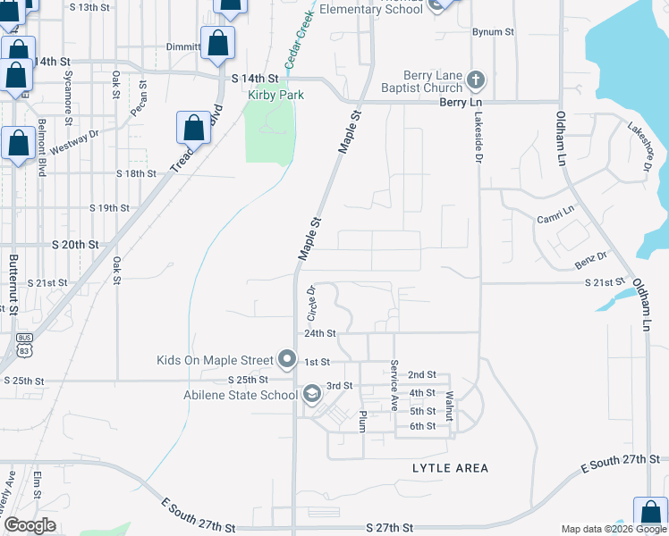 map of restaurants, bars, coffee shops, grocery stores, and more near Circle Drive in Abilene