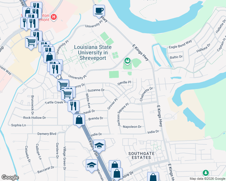 map of restaurants, bars, coffee shops, grocery stores, and more near 118 Suzanne Drive in Shreveport