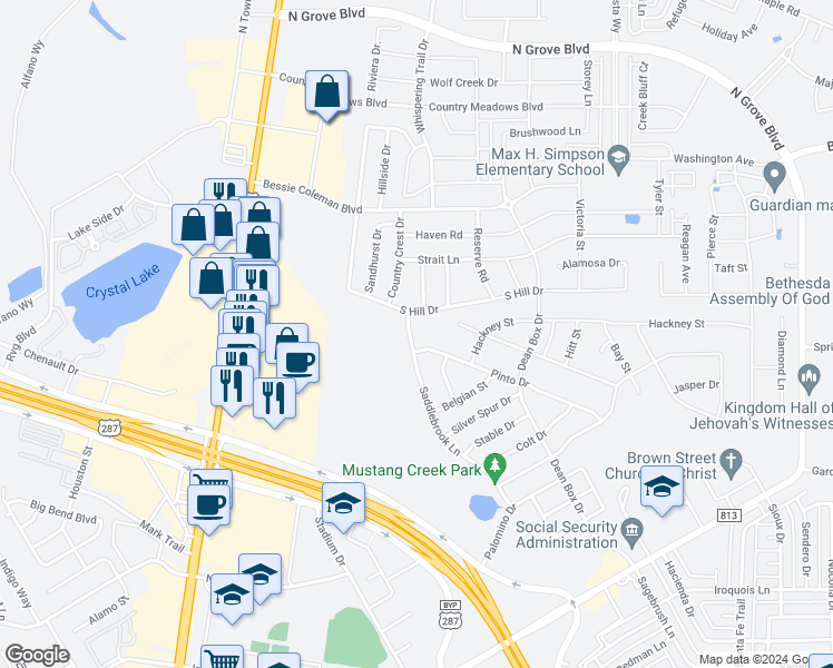 map of restaurants, bars, coffee shops, grocery stores, and more near 272 Saddlebrook Lane in Waxahachie