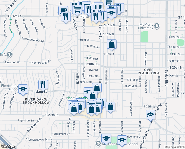 map of restaurants, bars, coffee shops, grocery stores, and more near 3126 South 21st Street in Abilene