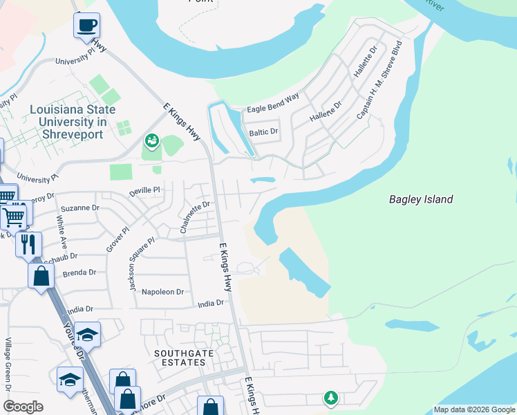 map of restaurants, bars, coffee shops, grocery stores, and more near Beau Soleil Road in Shreveport