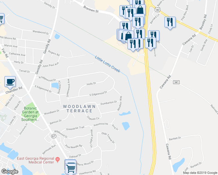 map of restaurants, bars, coffee shops, grocery stores, and more near 227 South Edgewood Drive in Statesboro