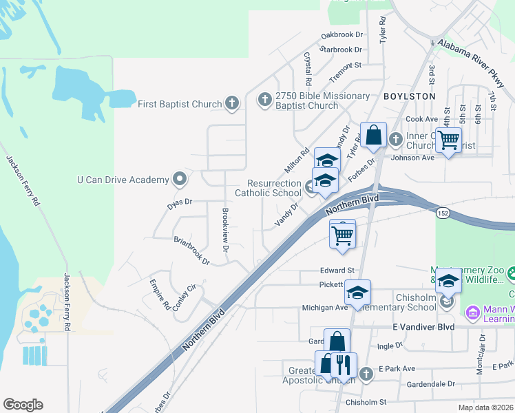 map of restaurants, bars, coffee shops, grocery stores, and more near 332 Milton Road in Montgomery