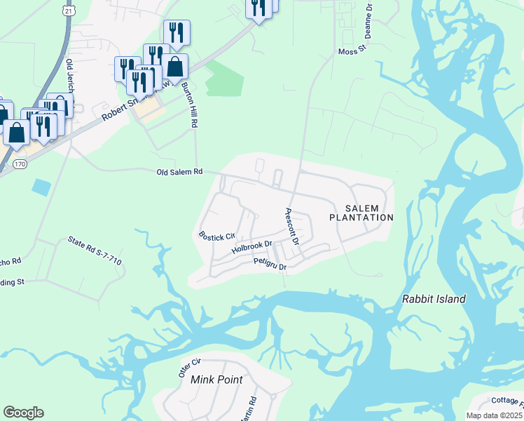 map of restaurants, bars, coffee shops, grocery stores, and more near 109 Bartram Drive in Beaufort