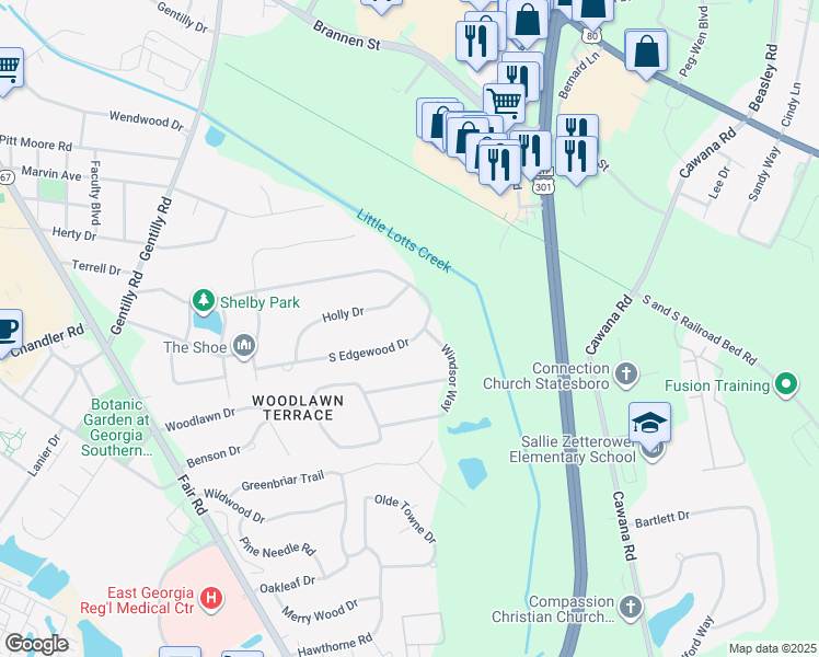 map of restaurants, bars, coffee shops, grocery stores, and more near 223 South Edgewood Drive in Statesboro