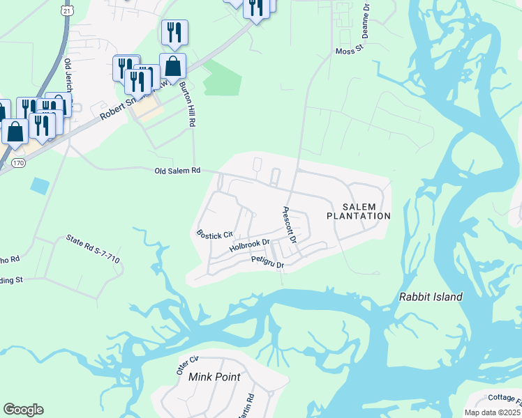 map of restaurants, bars, coffee shops, grocery stores, and more near 109 Bartram Drive in Beaufort