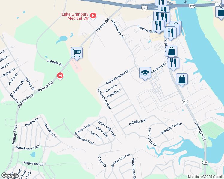 map of restaurants, bars, coffee shops, grocery stores, and more near 1513 Clover Lane in Granbury