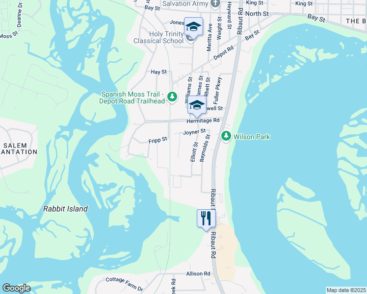 map of restaurants, bars, coffee shops, grocery stores, and more near 131 Fuller Street in Beaufort