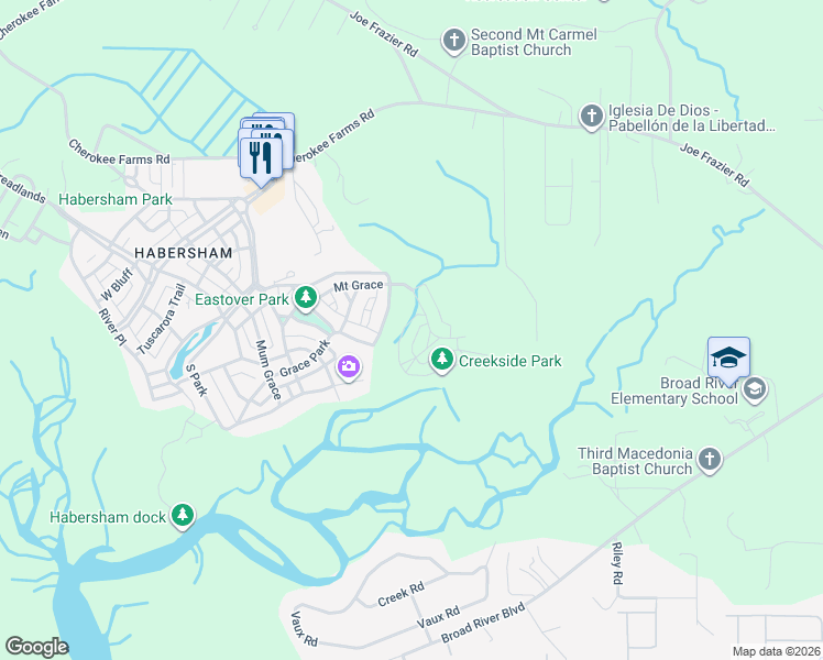 map of restaurants, bars, coffee shops, grocery stores, and more near 56 Mount Grace in Beaufort