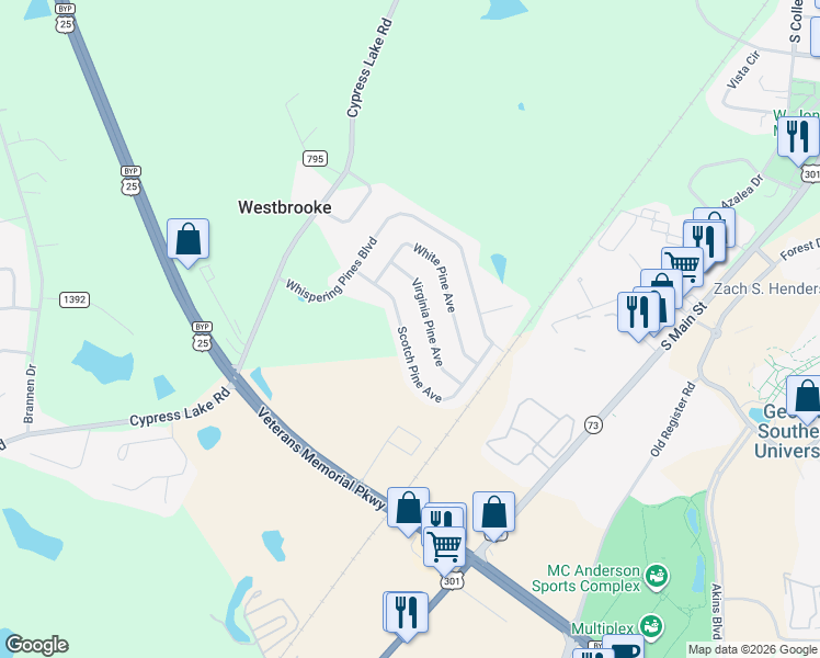 map of restaurants, bars, coffee shops, grocery stores, and more near 5019 Scotch Pine Avenue in Statesboro