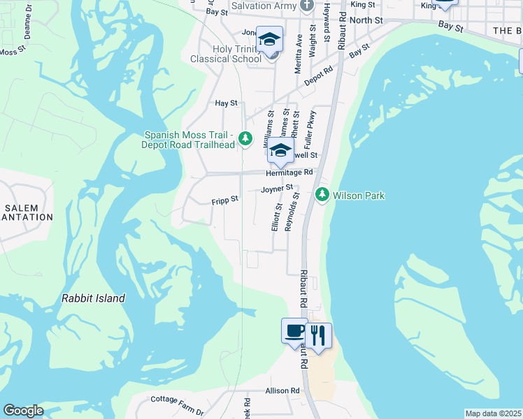 map of restaurants, bars, coffee shops, grocery stores, and more near 131 Fuller Street in Beaufort