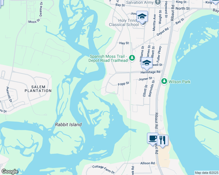 map of restaurants, bars, coffee shops, grocery stores, and more near 110 South Hermitage Road in Beaufort