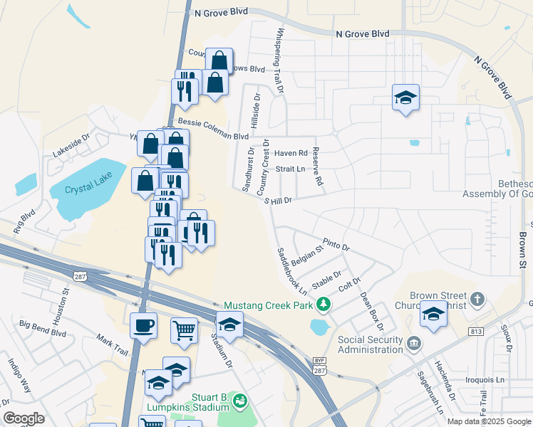map of restaurants, bars, coffee shops, grocery stores, and more near 272 Saddlebrook Lane in Waxahachie