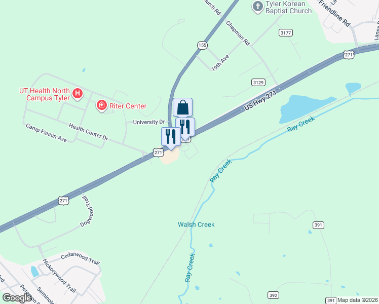 map of restaurants, bars, coffee shops, grocery stores, and more near 11942 U.S. 271 in Tyler