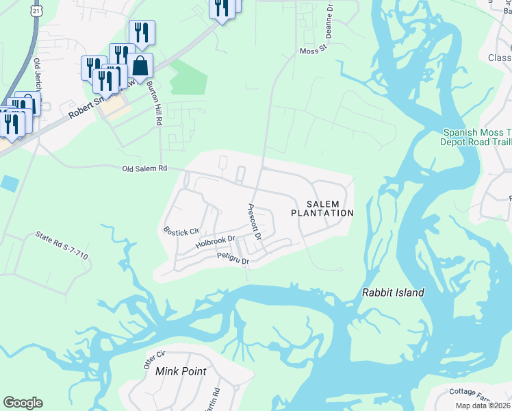 map of restaurants, bars, coffee shops, grocery stores, and more near 105 Prescott Drive in Beaufort