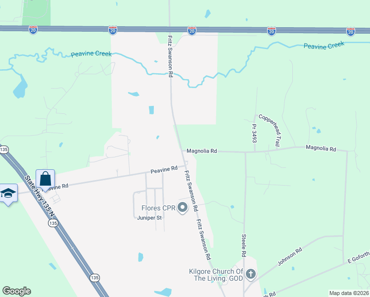 map of restaurants, bars, coffee shops, grocery stores, and more near 260 Magnolia Road in Kilgore
