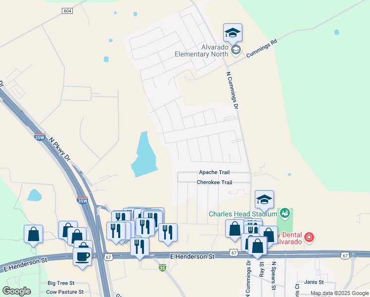 map of restaurants, bars, coffee shops, grocery stores, and more near 512 Lakeview Drive in Alvarado