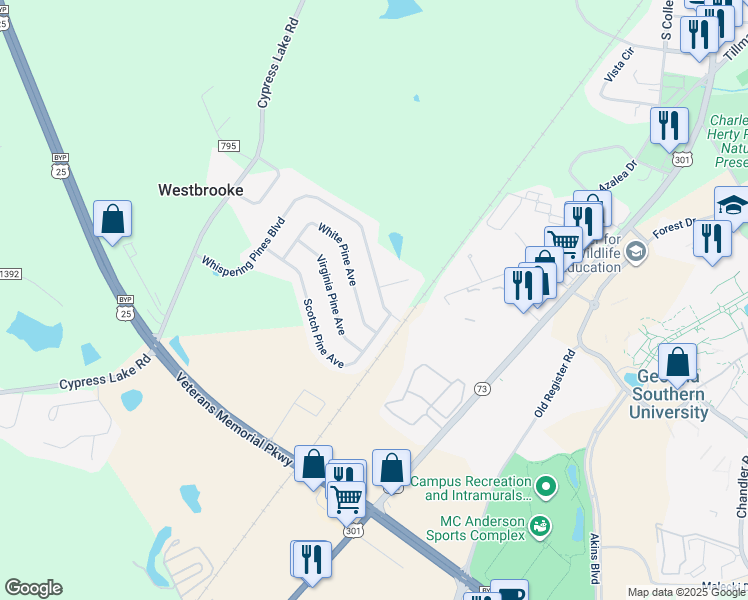 map of restaurants, bars, coffee shops, grocery stores, and more near 9062 Whispering Pine Boulevard in Statesboro