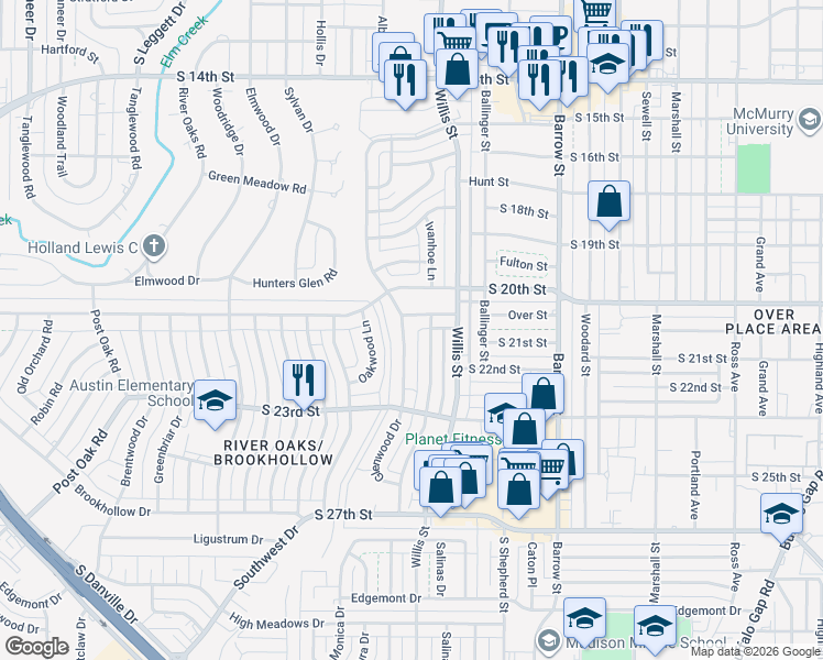 map of restaurants, bars, coffee shops, grocery stores, and more near 2109 Glenwood Drive in Abilene