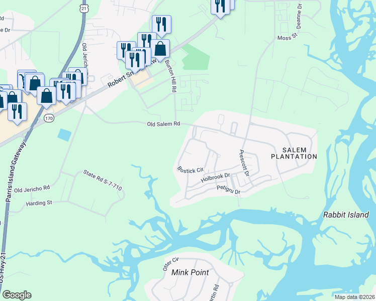 map of restaurants, bars, coffee shops, grocery stores, and more near 82 Bostick Cir in Beaufort