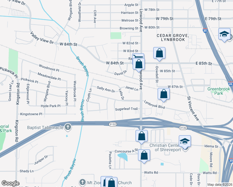 map of restaurants, bars, coffee shops, grocery stores, and more near 505 Sally Ann Drive in Shreveport