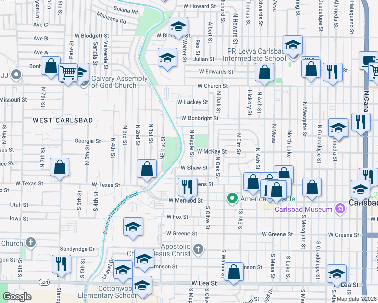 map of restaurants, bars, coffee shops, grocery stores, and more near 319 North Maple Street in Carlsbad