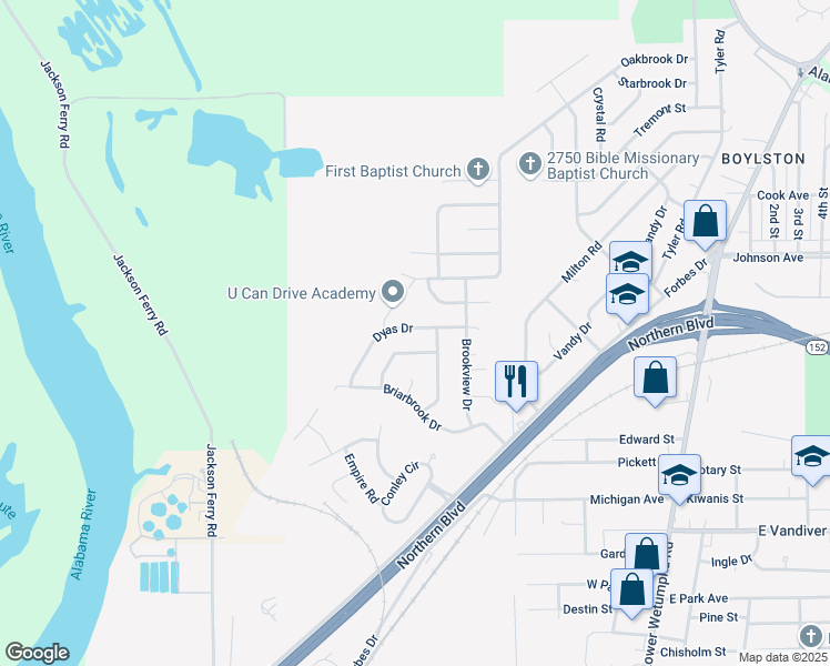 map of restaurants, bars, coffee shops, grocery stores, and more near 233 Dyas Drive in Montgomery
