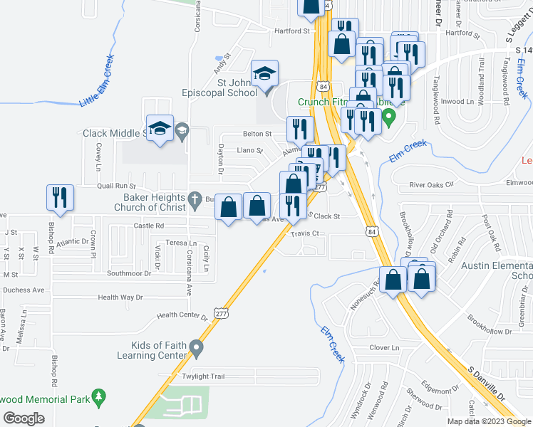 map of restaurants, bars, coffee shops, grocery stores, and more near 1973 Denton Street in Abilene