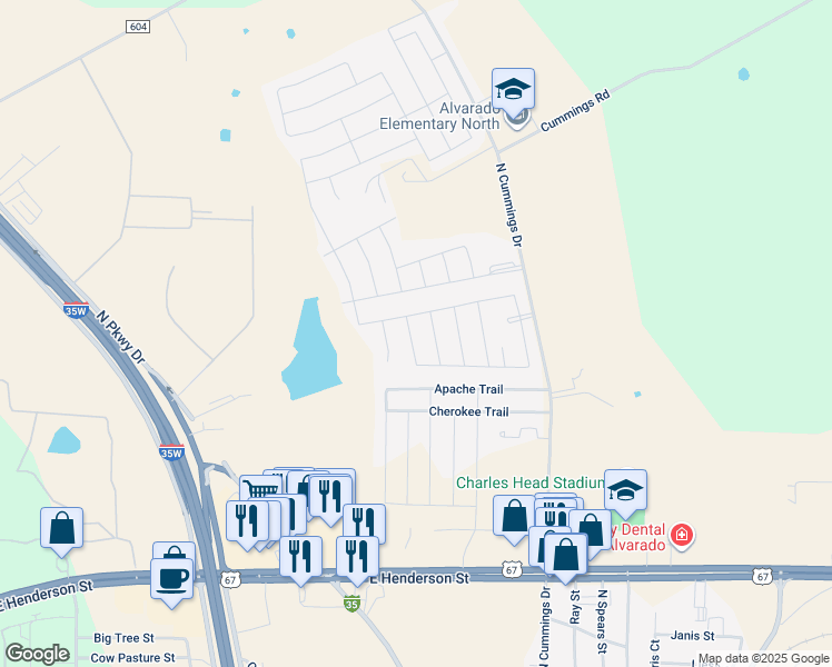 map of restaurants, bars, coffee shops, grocery stores, and more near 512 Lakeview Drive in Alvarado