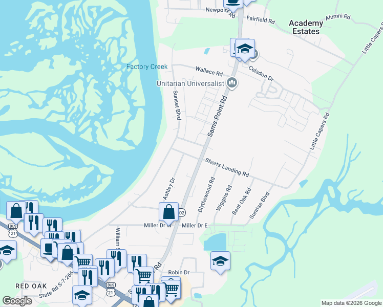 map of restaurants, bars, coffee shops, grocery stores, and more near 8 Factory Creek Road in Beaufort