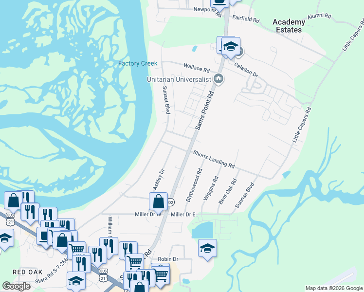 map of restaurants, bars, coffee shops, grocery stores, and more near 8 Factory Creek Road in Beaufort
