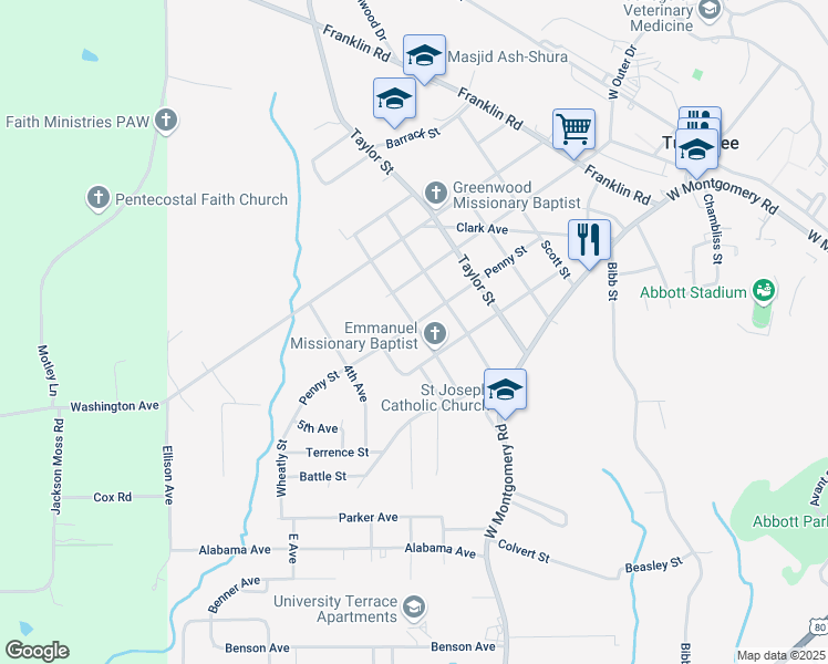 map of restaurants, bars, coffee shops, grocery stores, and more near 1801 Penny Street in Tuskegee
