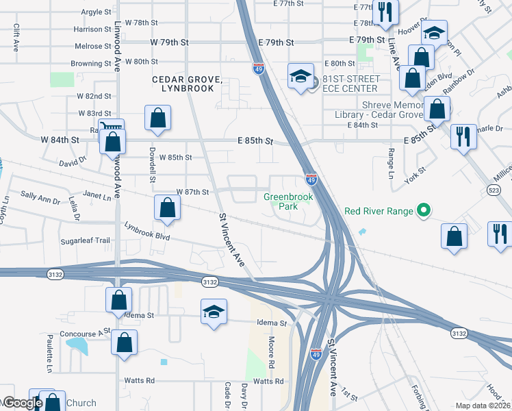 map of restaurants, bars, coffee shops, grocery stores, and more near 128 South Greenbrook Loop in Shreveport