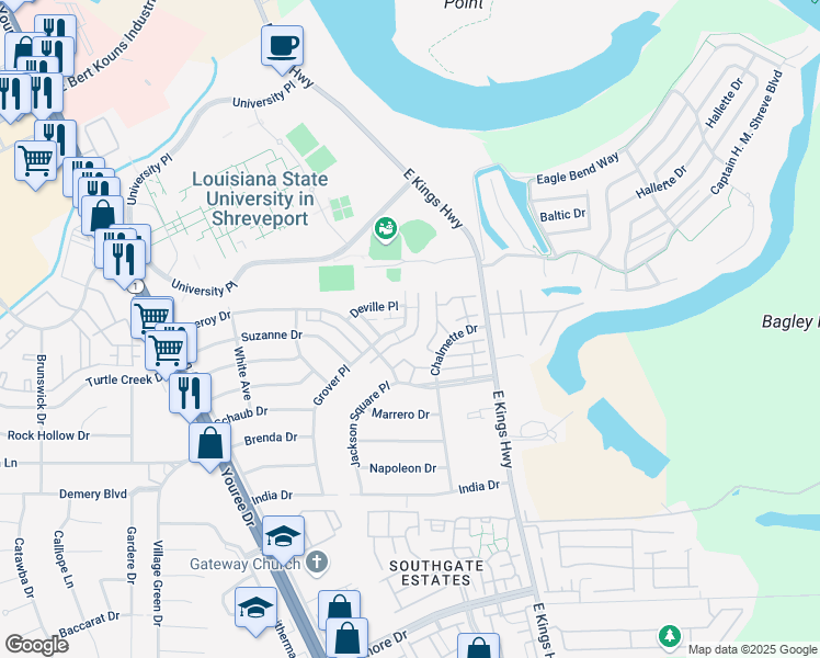 map of restaurants, bars, coffee shops, grocery stores, and more near 8515 Grover Pl in Shreveport