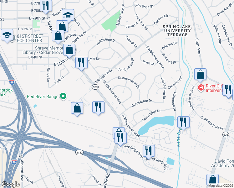 map of restaurants, bars, coffee shops, grocery stores, and more near 8613 West Wilderness Way in Shreveport