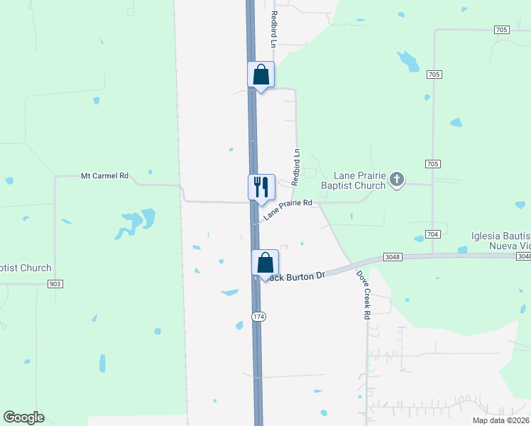 map of restaurants, bars, coffee shops, grocery stores, and more near 101 Lane Prairie Road in Cleburne