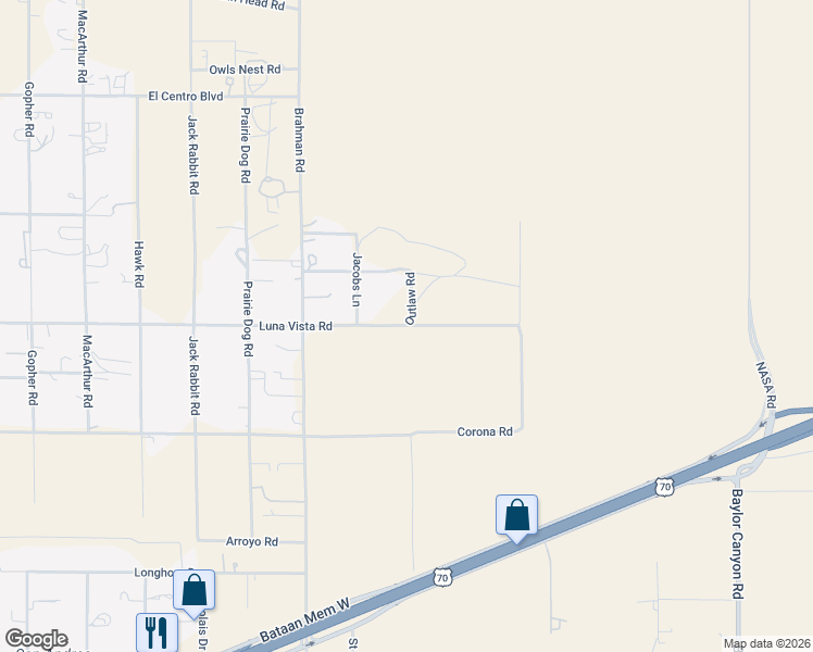 map of restaurants, bars, coffee shops, grocery stores, and more near 6701 Outlaw Road in Las Cruces