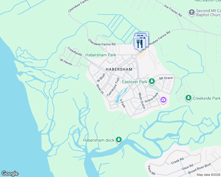 map of restaurants, bars, coffee shops, grocery stores, and more near 16 Tuscarora Trail in Beaufort