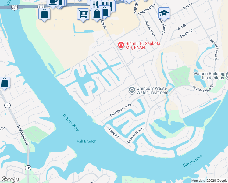 map of restaurants, bars, coffee shops, grocery stores, and more near 1114 Catalina Bay Boulevard in Granbury