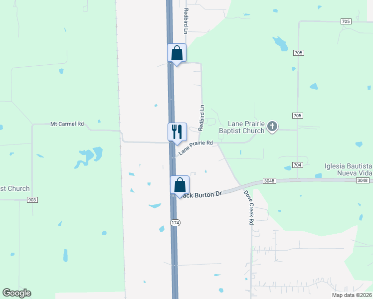 map of restaurants, bars, coffee shops, grocery stores, and more near 101 Lane Prairie Road in Cleburne