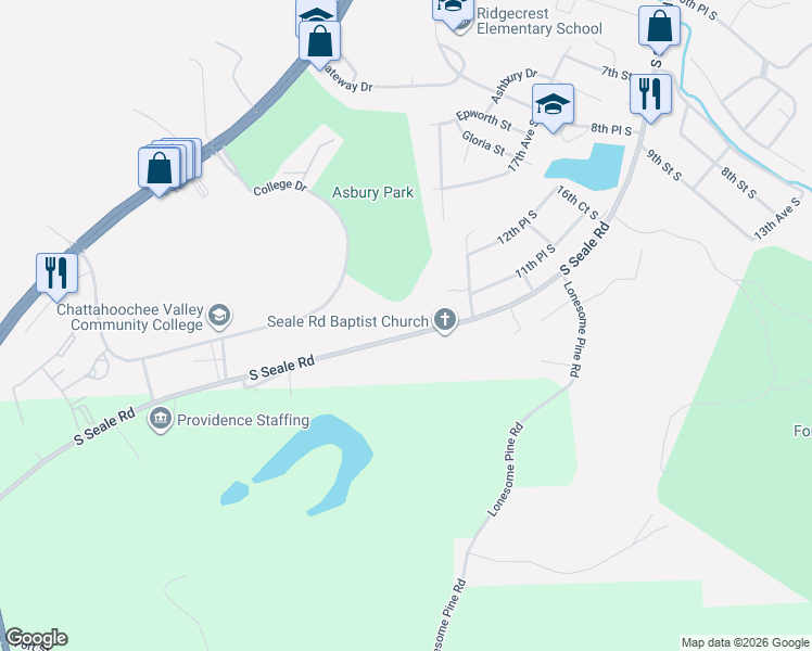 map of restaurants, bars, coffee shops, grocery stores, and more near 2108 South Seale Road in Phenix City