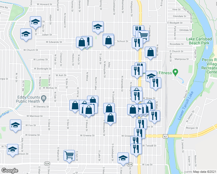 map of restaurants, bars, coffee shops, grocery stores, and more near 602 North Mesquite Street in Carlsbad