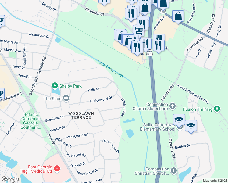 map of restaurants, bars, coffee shops, grocery stores, and more near 227 South Edgewood Drive in Statesboro