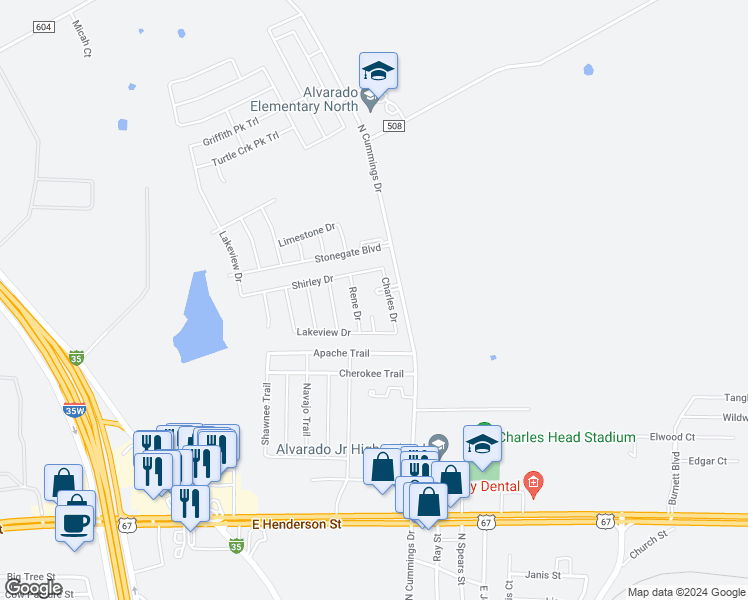 map of restaurants, bars, coffee shops, grocery stores, and more near 1301 Estates Boulevard in Alvarado