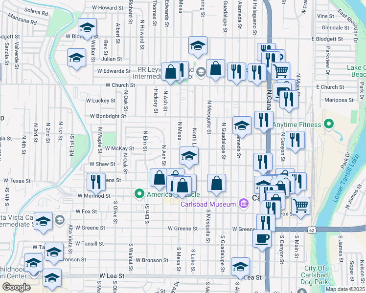 map of restaurants, bars, coffee shops, grocery stores, and more near 402 North Mesa in Carlsbad